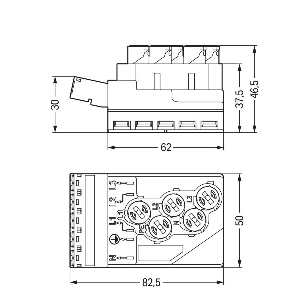 Diagramm eines elektrischen Anschlusses mit Abmessungen: 62 mm Breite, 37,5 mm bis 46,5 mm Höhe, 82,5 mm Länge. Draufsicht zeigt interne Anordnung.