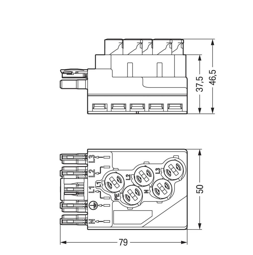Technische Zeichnung eines elektrischen Anschlussschemas mit Abmessungen: Draufsicht 79 mm breit, Seitenansicht 46,5 mm hoch, 50 mm tief.