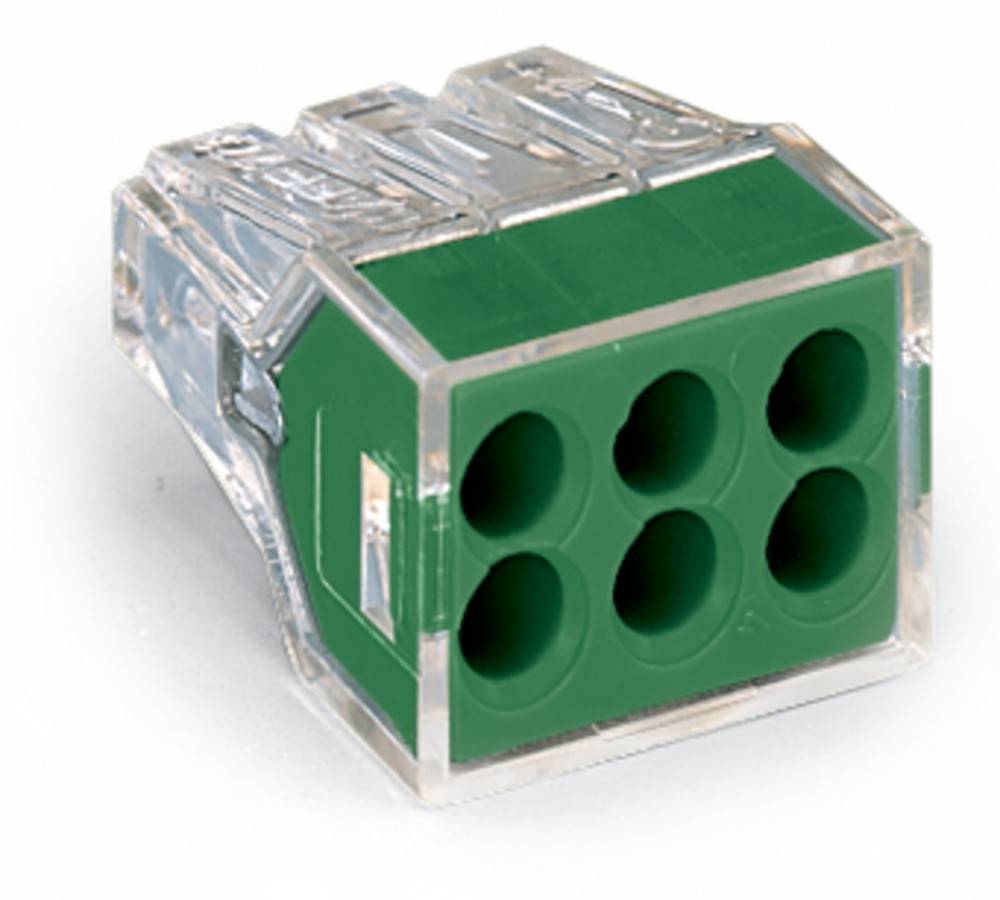 Ein transparenter Plastik-Leitungsverbinder mit fünf Löchern und grünem Innenbereich, der zum Zusammenschließen von elektrischen Leitungen verwendet wird.