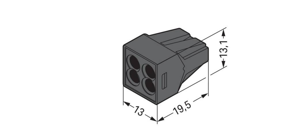 Ein schwarzer, vierlöchriger elektrischer Verbindungsstecker mit Abmessungen: 13 mm Breite und 19,5 mm Tiefe, dargestellt in einer technischen Illustration.
