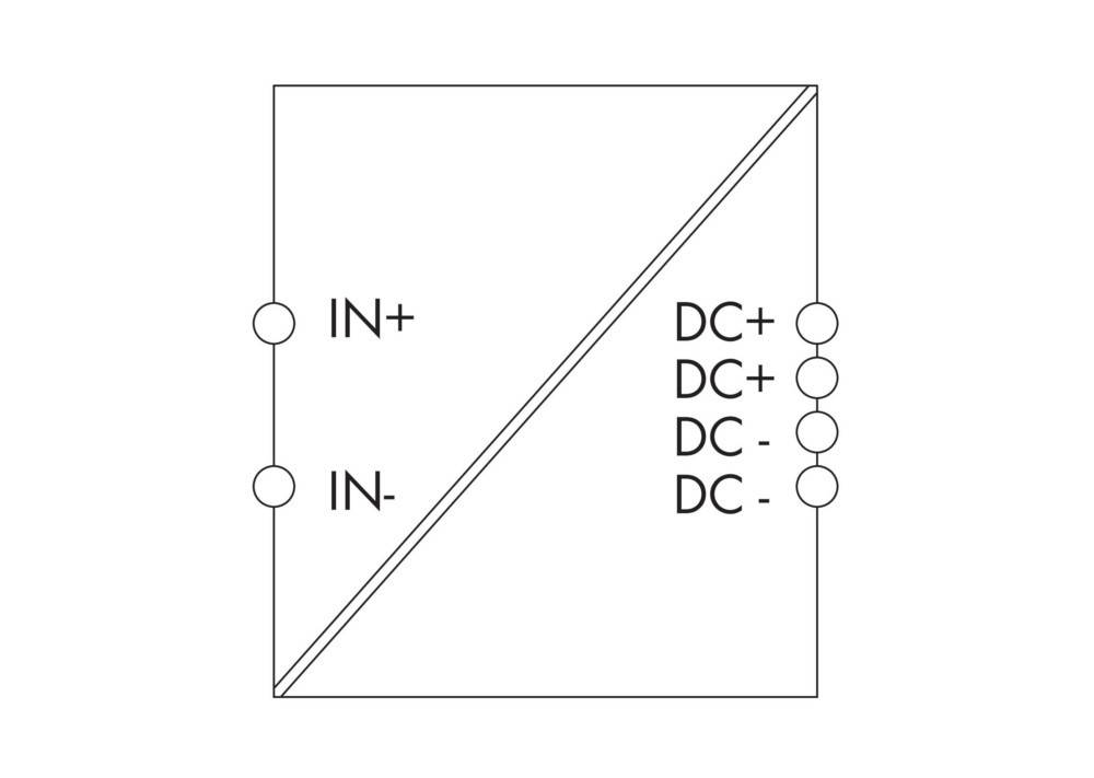 Op-Amp-Symbol mit vier beschrifteten Anschlüssen: IN+, IN-, DC+, DC-.