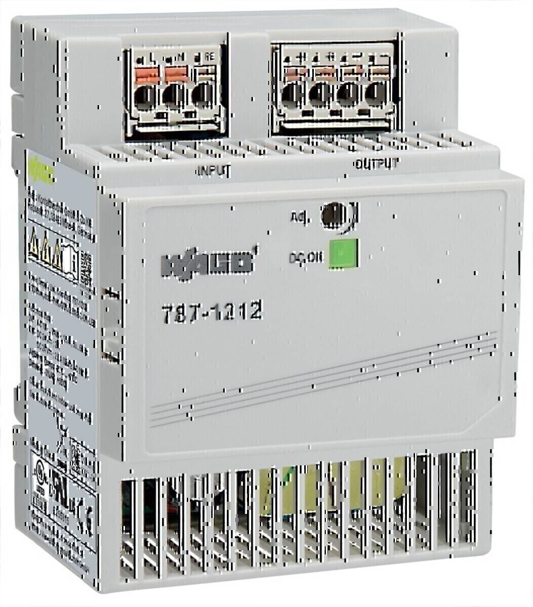 WAGO 787-1212 Netzteil mit Eingangs-, Ausgangs-Anschlüssen und DC-Betriebsanzeige; verwendet für Steuerungs- und Automatisierungsanwendungen.