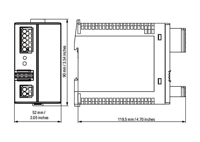 Technische Zeichnung eines elektronischen Geräts mit dreidimensionalen Abmessungen: 90 mm x 52,05 mm x 119,5 mm.