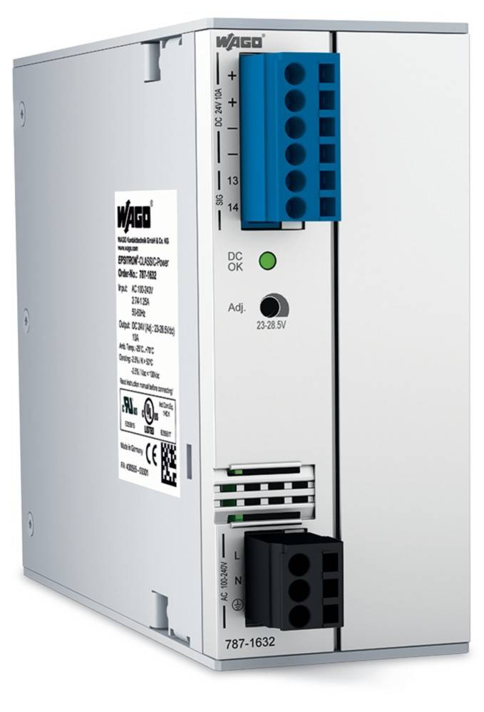 Elektrisches Gerät mit blau- und schwarzfarbenen Anschlüssen, grüner Kontrollleuchte und Etikett mit Spezifikationen für Spannung und Modelldetails.