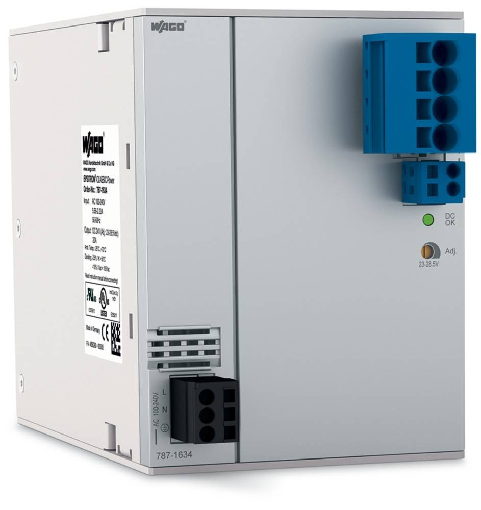 Ein graues elektronisches Gerät mit der Bezeichnung 'WAGO', versehen mit einer Reihe von Etiketten und Anschlüssen. Ein blauer Anschluss ist angebracht, was auf eine Funktionalität für elektrische Verbindungen hindeutet.