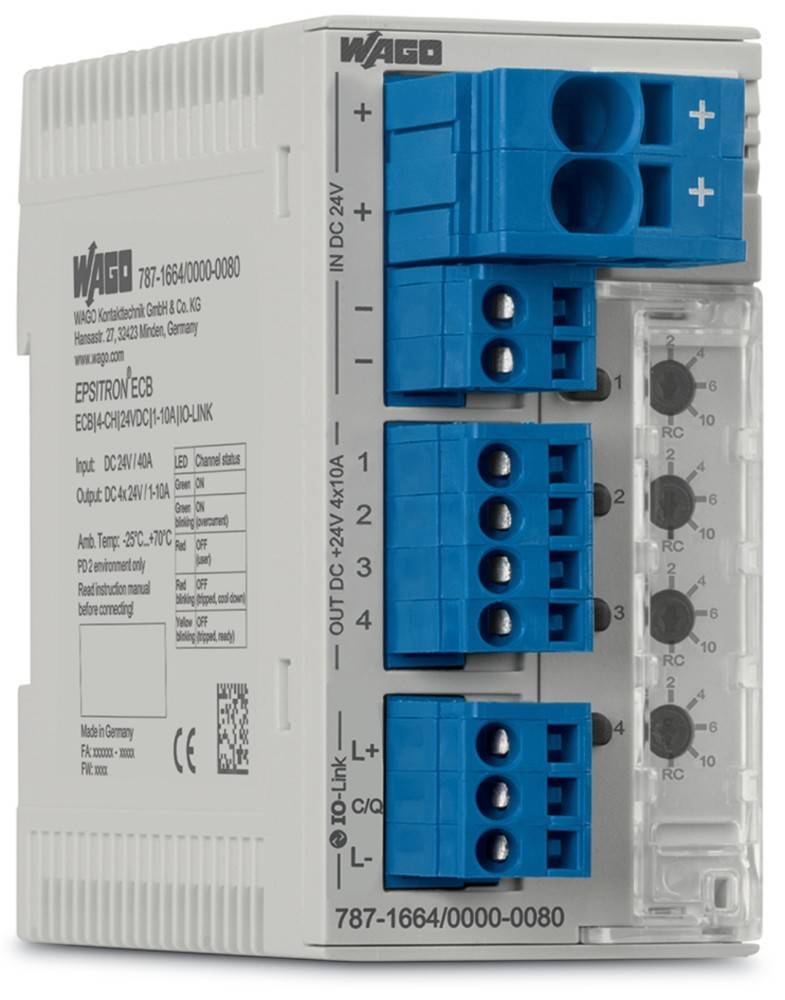 Eine Nahaufnahme der Seitenansicht eines industriellen elektronischen Moduls mit blauen Terminalanschlüssen, mit der Beschriftung 'WAGO' und Spezifikationen an der Seite.