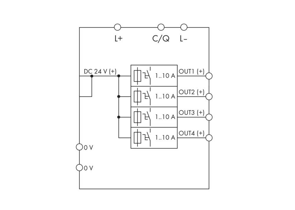 Schaltplan mit Anschlüssen für DC 24V Eingang, vier Ausgangsklemmen (OUT1-OUT4) und Stromeinstellungen von 1-10A für jeden Ausgang.