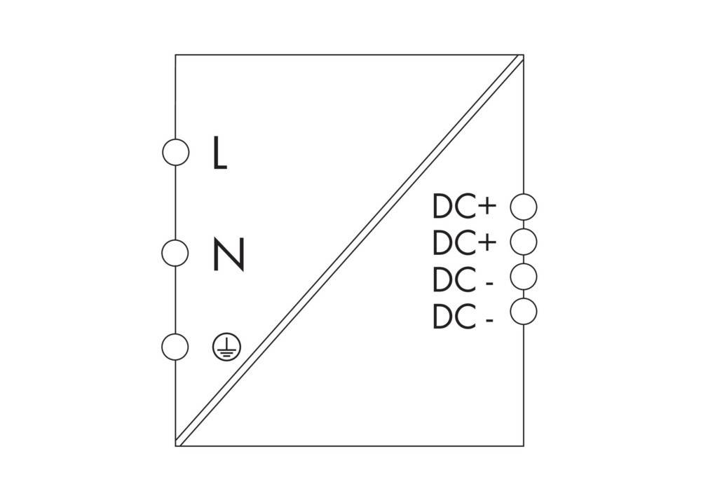 Elektrisches Schaltdiagramm mit Anschlüssen: 'L', 'N' und Erdung links; 'DC+', 'DC-' und 'DC-' rechts.