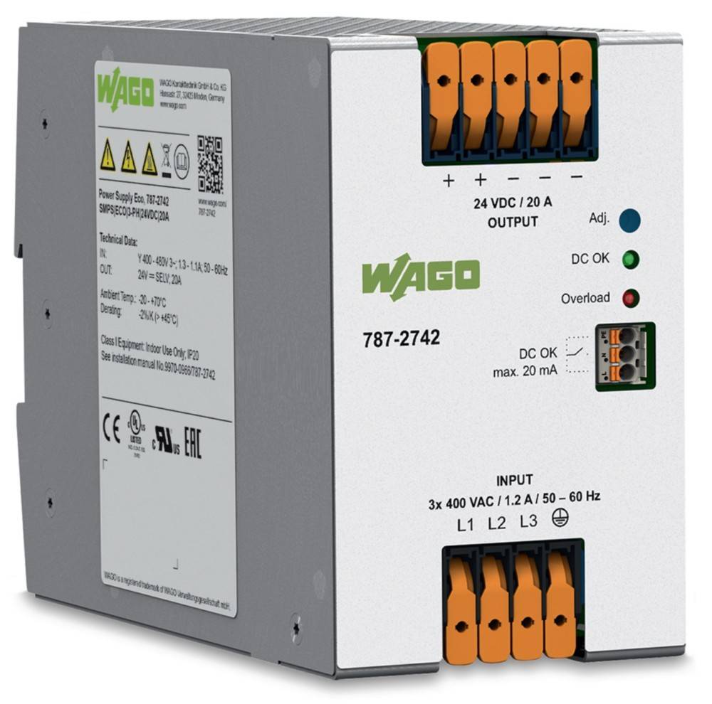 WAGO Netzteil, Modell 787-2742, mit 24 VDC Ausgang und Überlastanzeigen. Eingangsspannung: 3x 400 VAC bei 50-60 Hz.