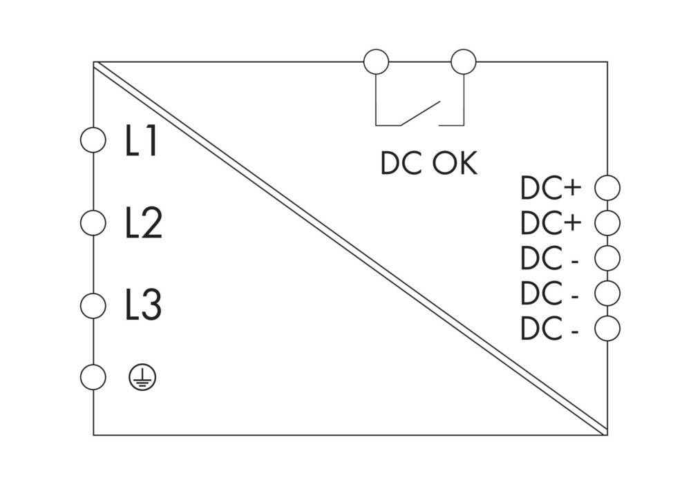 Schaltplan mit elektrischer Schaltung mit gekennzeichneten Leitungen L1, L2, L3, Erdungssymbol, Schalter mit Beschriftung 