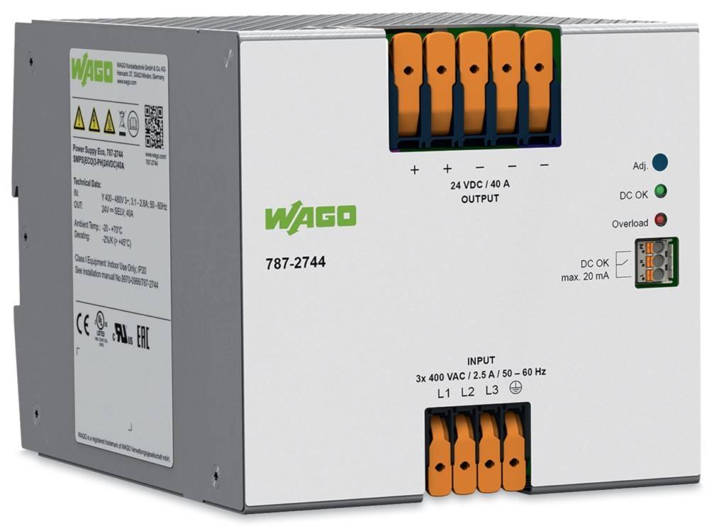 Ein Netzteil mit der Bezeichnung 'WAGO 787-2740', das Eingänge für 3x 400V AC bei 2,5A und einen Ausgang von 24V DC bei 40A aufweist. Es verfügt über die Eingangsbeschriftungen L1, L2, L3.