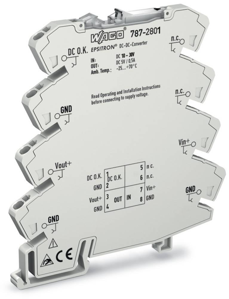 Bild eines Wago DC/DC-Wandlers des Modells 787-2801 mit Anschlüssen, die als Eingang, Ausgang, Masse und mit Schlüsselspezifikationen beschriftet sind.