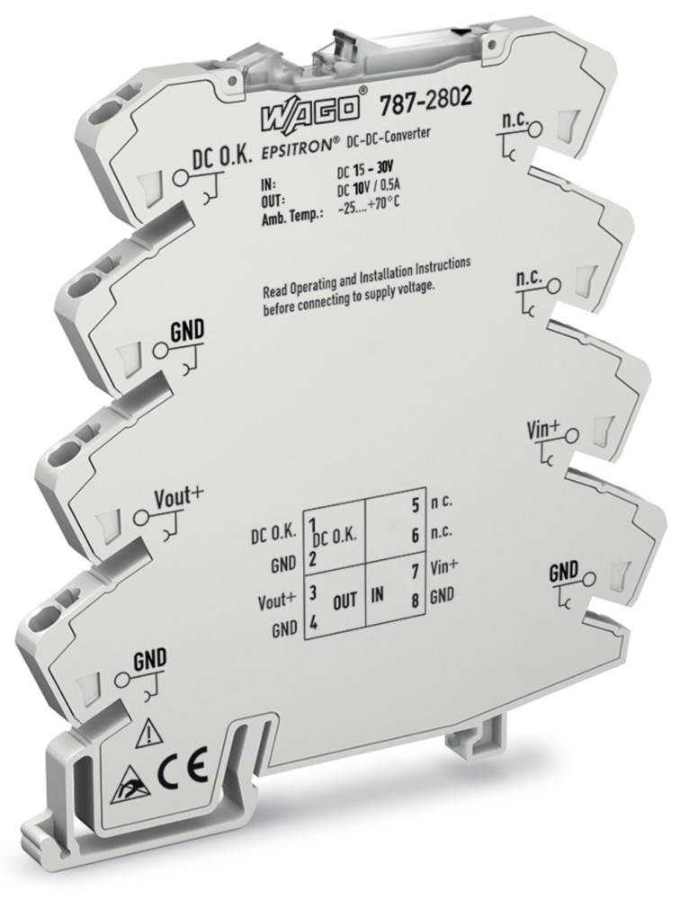 Ein DC-DC-Wandler mit der Bezeichnung 'WAGO EPSITRON' mit folgenden Spezifikationen: Eingang 15-30V DC, Ausgang 10V/0,5A, Betriebstemperatur -25°C bis +70°C.
