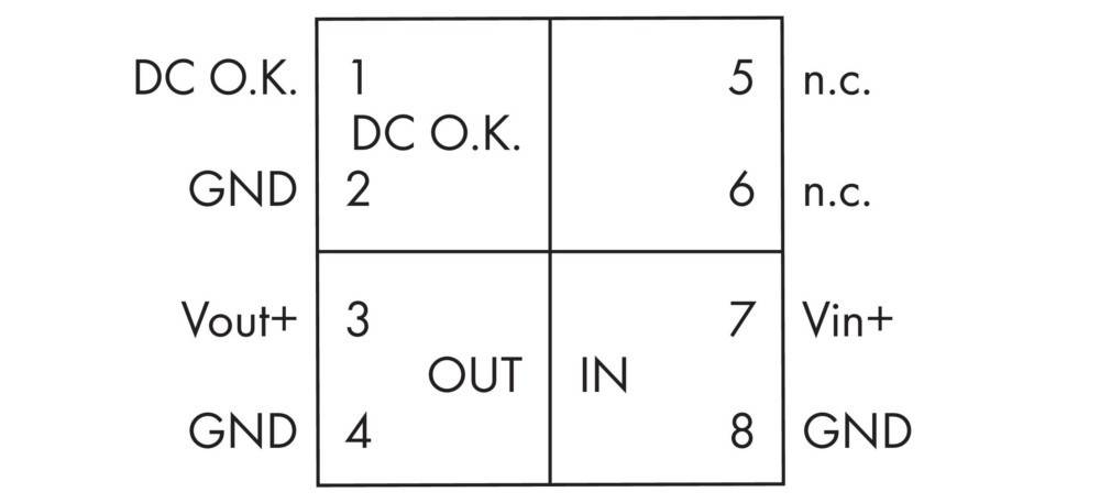 Raster mit vier Quadraten: Oben links - 'DC O.K.' mit den Nummern 1 und 2; Oben rechts - Nummern 5 und 6; Unten links - 'AUS' mit den Nummern 3 und 4; Unten rechts - 'EIN' mit den Nummern 7 und 8.