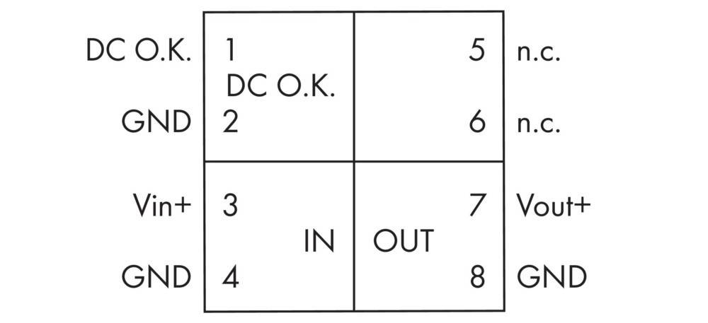 Ein Raster aufgeteilt in vier Abschnitte; oben-links: '1 DC O.K.', '2'; unten-links: '3 IN', '4'; oben-rechts: '5', '6'; unten-rechts: '7 OUT', '8'.