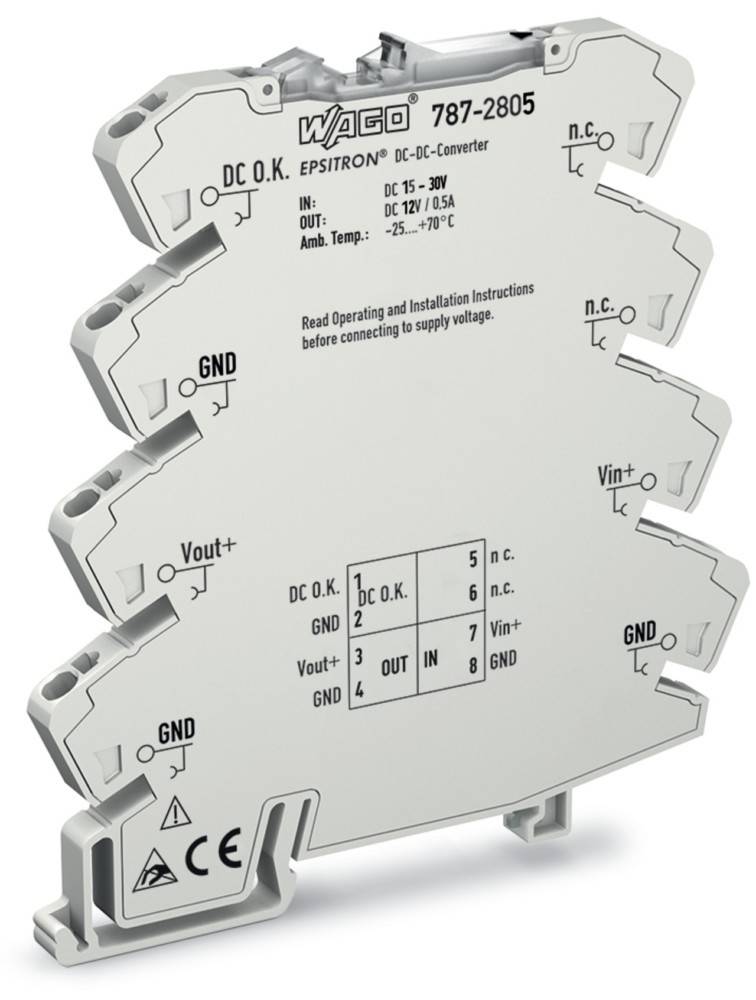 Ein DC-DC-Wandlermodul mit beschrifteten Anschlusspunkten 'Vin+', 'GND', 'n.c.', 'Vout+' und 'DC OK'. Betriebstemperatur -25 bis 70°C.
