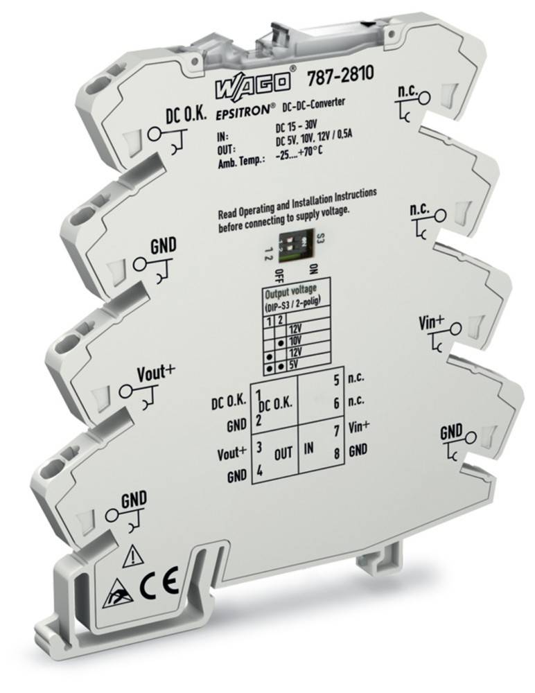 Ein DC-DC-Wandler mit der Bezeichnung 'WAGO EPSITRON', der Eingangsspannungsoptionen (9-36V) und Ausgang (24V, 1,5A) anzeigt. Enthält Masse- und Spannungsanschlusspunkte sowie Betriebstemperaturbereich (-25 bis 70°C).