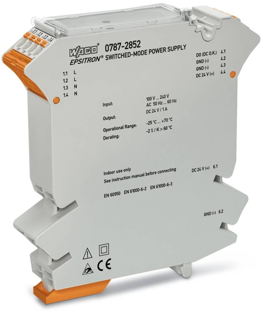 Wago Epsitron Schaltnetzteil, 0787-2852, Ausgang: 24V 6A, Eingang: 100-240V AC, 50-60Hz, DIN-Schienenmontage, Installationsanleitung inklusive.