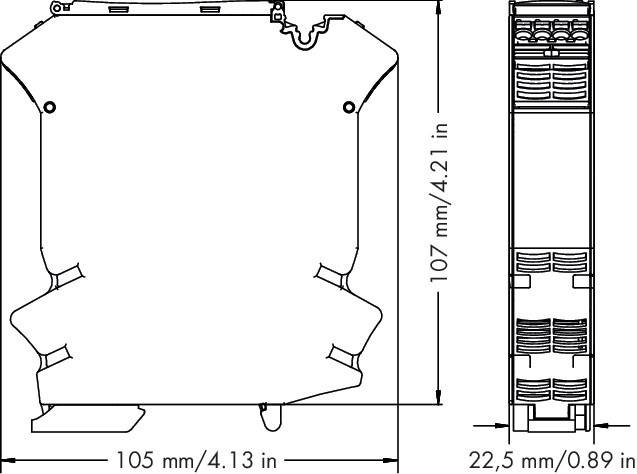 Technische Zeichnung eines rechteckigen mechanischen Bauteils, Abmessungen gekennzeichnet als 107 mm/4,21 in Höhe, 105 mm/4,13 in Breite und 22,5 mm Tiefe.