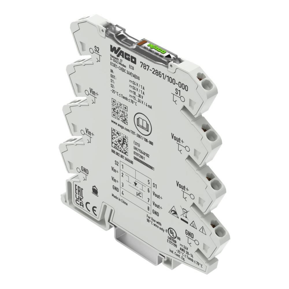 Ein grauer industrieller elektronischer Modul mit mehreren Anschlüssen, beschriftet mit WAGO 787-2861/100-000, mit Produktspezifikationen und Verbindungspunkten.