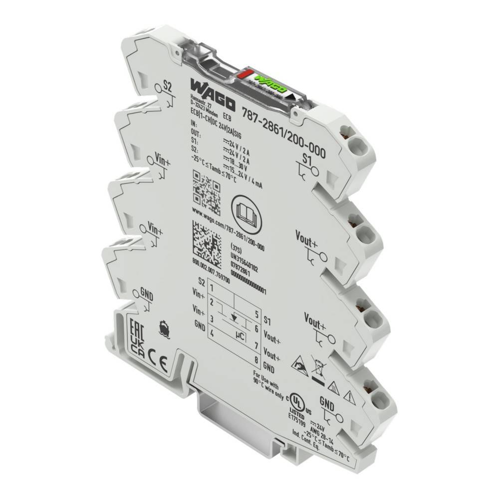 Ein weißes elektronisches Modul mit der Beschriftung '787-2861/200-000', das mehrere Anschlussklemmen und Schaltkreisdetails auf seiner Oberfläche zeigt.