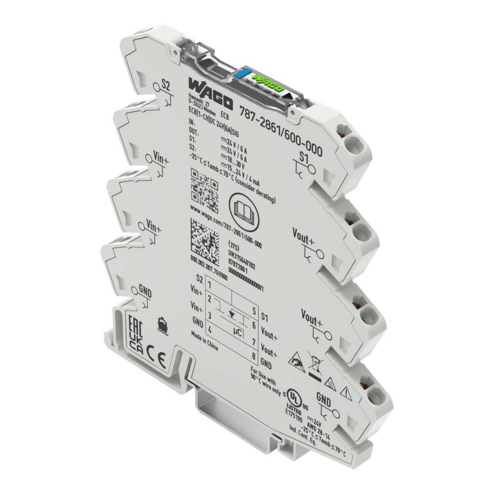 Eine WAGO-elektronische Komponente mit beschrifteten Anschlüssen und technischen Spezifikationen. Kompaktes Design, verwendet für elektrisches Schaltungsmanagement.