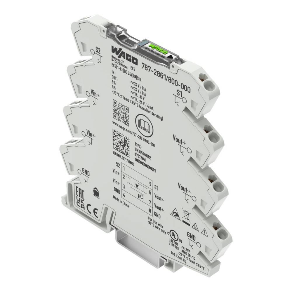 WAGO Netzteilmodul, Modell 787-2861/800-000, mit Eingabe-/Ausgabespezifikationen und QR-Code auf dem Etikett.