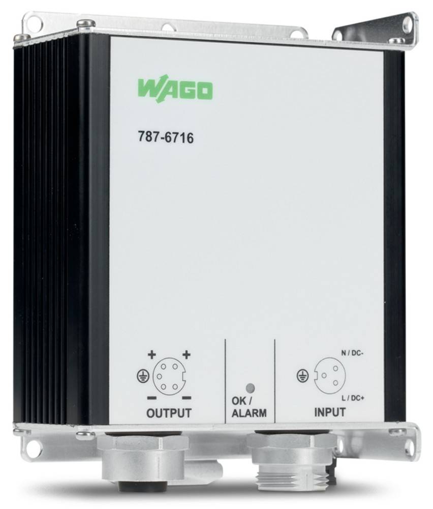 Ein Netzteilmodul mit der Bezeichnung 'WAGO 787-6716' mit Anzeigen für Ausgang, Eingang und OK/Alarm-Status, das Anschlussports zeigt.