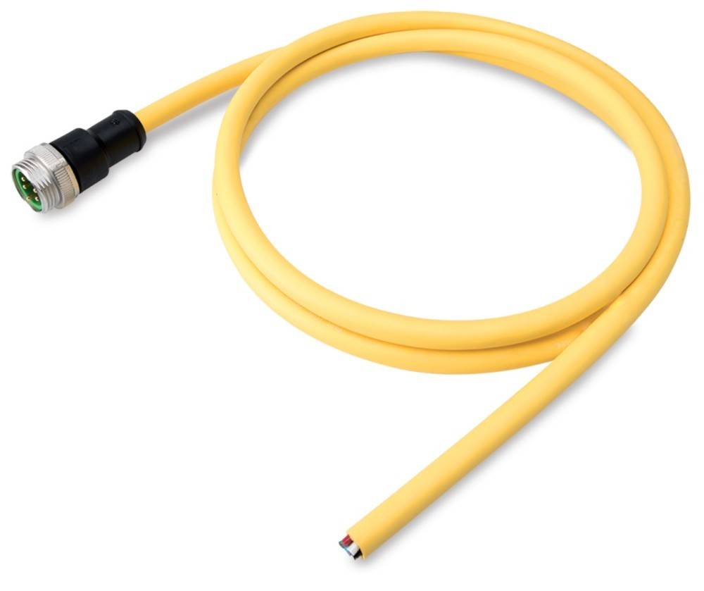 Ein gelbes industrietaugliches Ethernet-Kabel mit einem kreisförmigen Anschluss an einem Ende und freiliegenden Kabeln am anderen Ende, vor weißem Hintergrund isoliert.