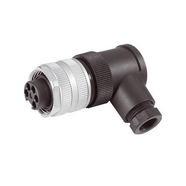 Winkeliger Industrie-Steckverbinder mit Gewinde-Stecker und Buchse, dargestellt auf weißem Hintergrund.