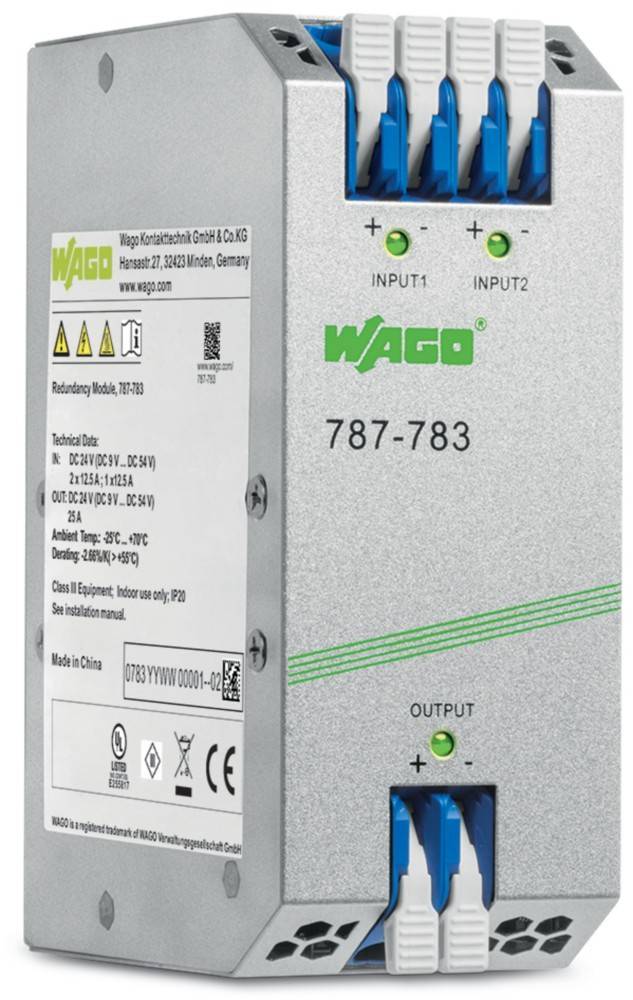 Wago 787-783 Redundanzmodul' mit Ein-/Ausgängen, technischen Daten und Sicherheitszertifizierungen, die auf dem Gerät angezeigt werden.