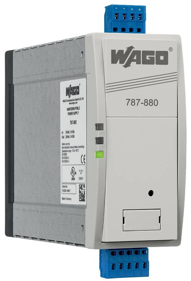 WAGO-Netzteil Modell 787-880, mit Beschriftungsdetails und Anzeigen, aus einem Winkel betrachtet.