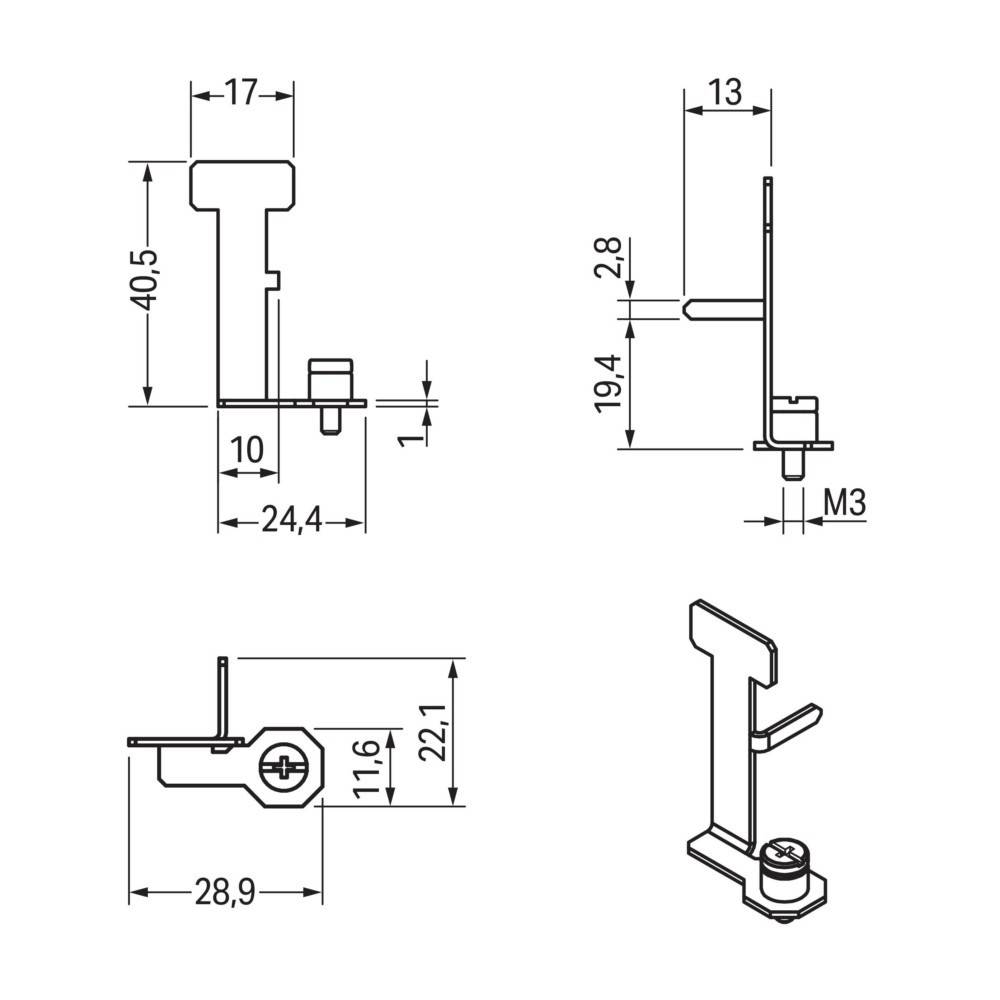 Technische Zeichnung eines Metallhalters mit Installationsdimensionen. Ansichten umfassen Vorder-, Seiten- und Draufsicht mit präzisen Maßangaben.
