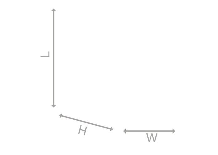 Diagramm, das drei Pfeile mit den Beschriftungen 'L', 'H' und 'W' zeigt, welche die Dimensionen: Länge, Höhe und Breite im 3D-Raum repräsentieren.