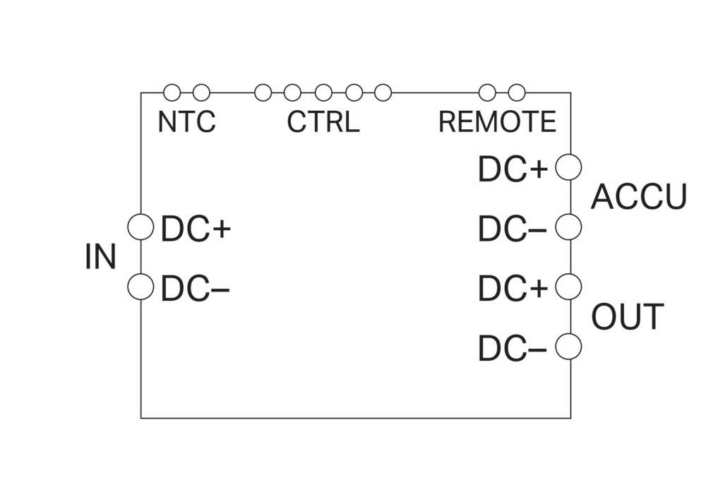 Diagramm, das Verbindungen mit den Beschriftungen NTC, CTRL, REMOTE und LED für ein Gerät zeigt. Enthält außerdem Anschlüsse für 'DC+' und 'DC-'.