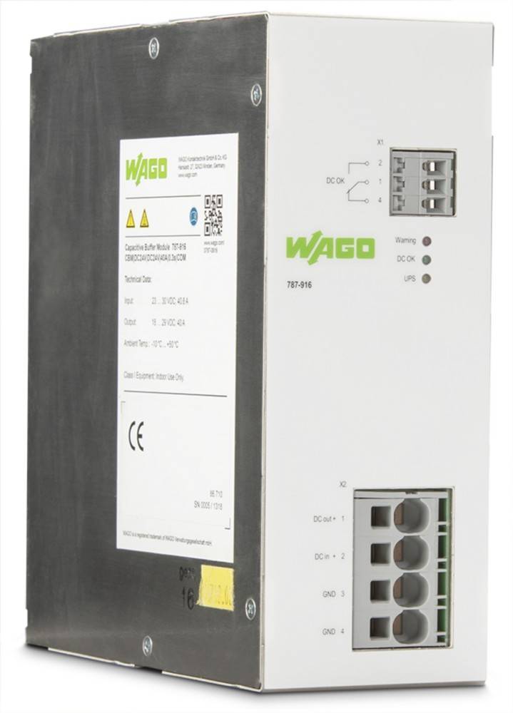 Ein weißes rechteckiges Industriegerät mit digitaler Anzeige, beschriftet mit '787-916 WAGO'. Es verfügt über Ein-/Ausgänge und eine Stromanzeigelampe.