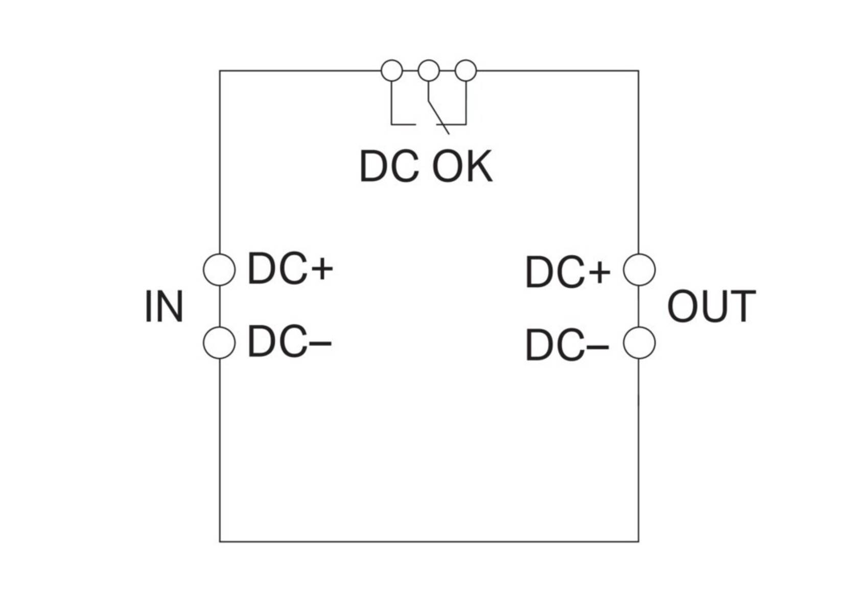 Diagramm eines Gleichstromkreises mit 'IN'- und 'OUT'-Beschriftungen. Enthält DC+-und DC--Anschlüsse auf beiden Seiten und einen 'DC OK'-Schalter in der Mitte.