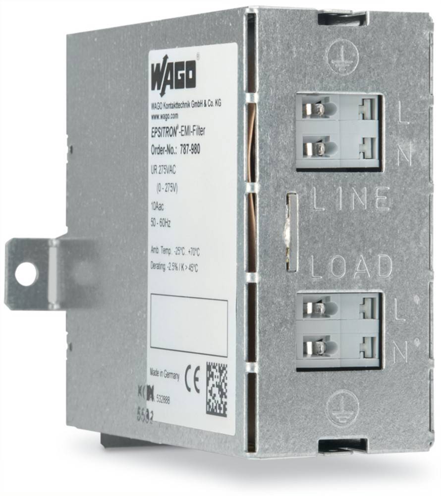 EMI-Filter von WAGO, Modellnummer 787-980, ausgelegt für 520V AC, 50-60Hz, mit zwei beschrifteten Anschlusspunkten, gekennzeichnet als 'LINE' und 'LOAD'.
