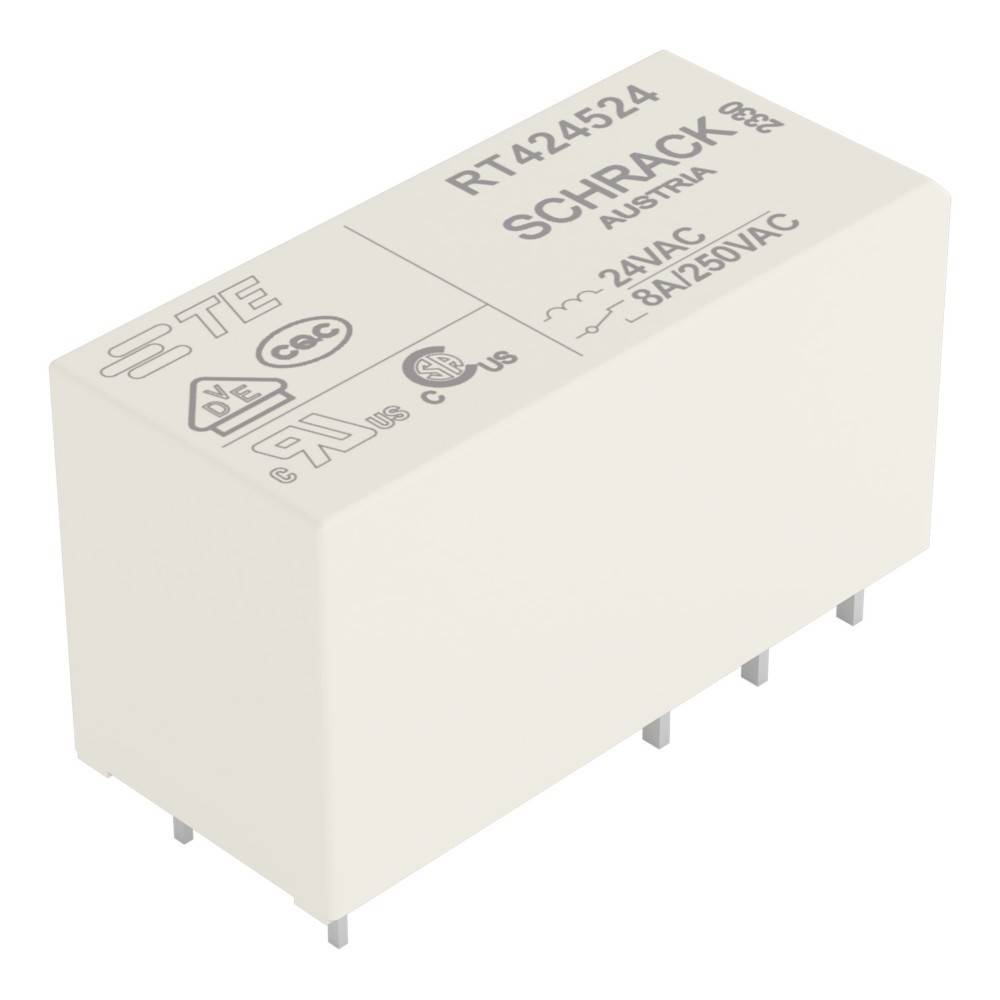Relaisbauteil mit der Bezeichnung 'RT424524 Schrack Austria', mit Zertifizierungen, bewertet mit '24V AC, 8A/250VAC', mit mehreren Anschlusspins.