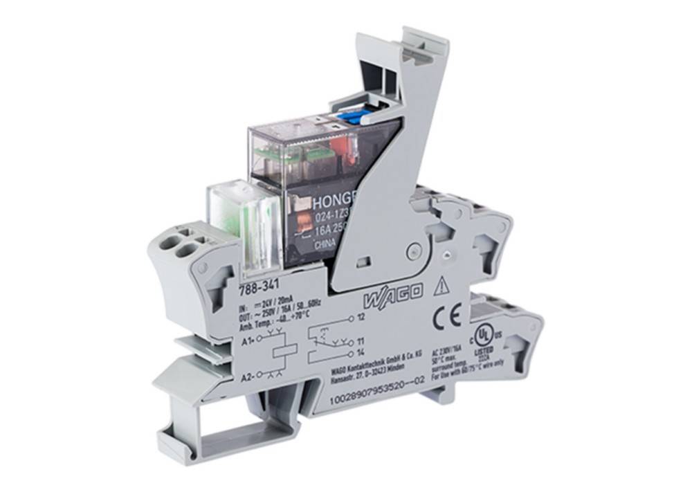 WAGO 788-341 Relaismodul in Profilansicht, mit Relaisspule und Anschlussklemmen. Geeignet für elektrische Anwendungen.