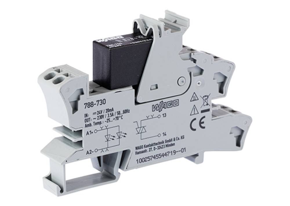 Industrielle Relaiskomponente, Bezeichnung 'WAGO 788-730', mit verschiedenen technischen Spezifikationen und Zertifizierungen, für elektrische Anwendungen.