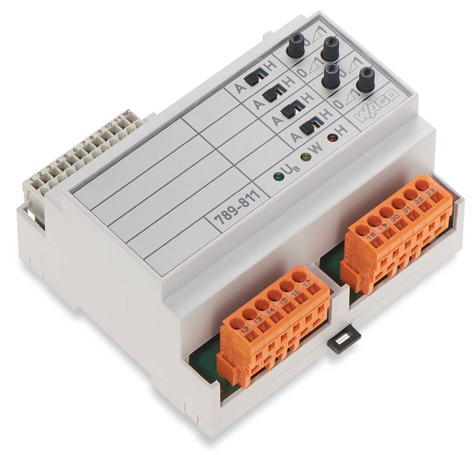 Elektrische Klemmleiste mit Anschlüssen und beschrifteter Sektion für Verkabelung. Orange und weiße Komponenten.