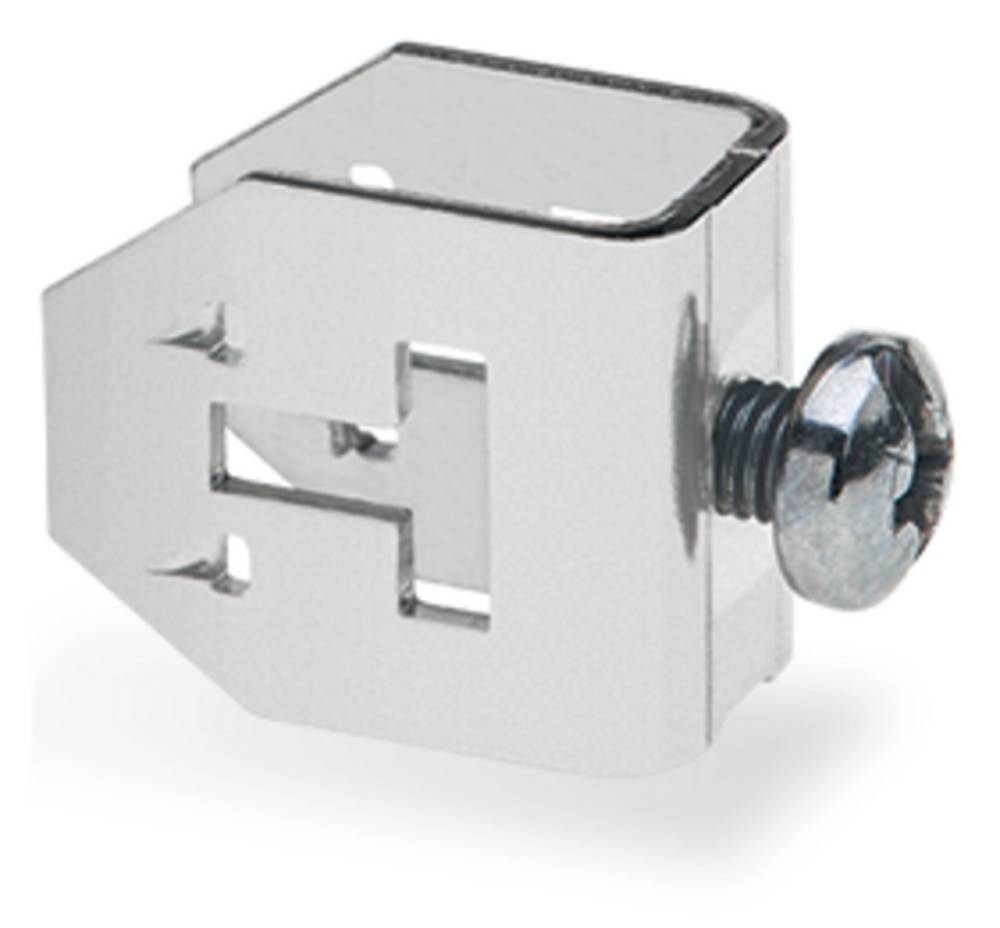 Eine kleine Metallhalterung mit einer Schraube, die zum Befestigen oder Sichern von Objekten verwendet wird. Das Design umfasst Schlitze für vielseitige Befestigungsmöglichkeiten.