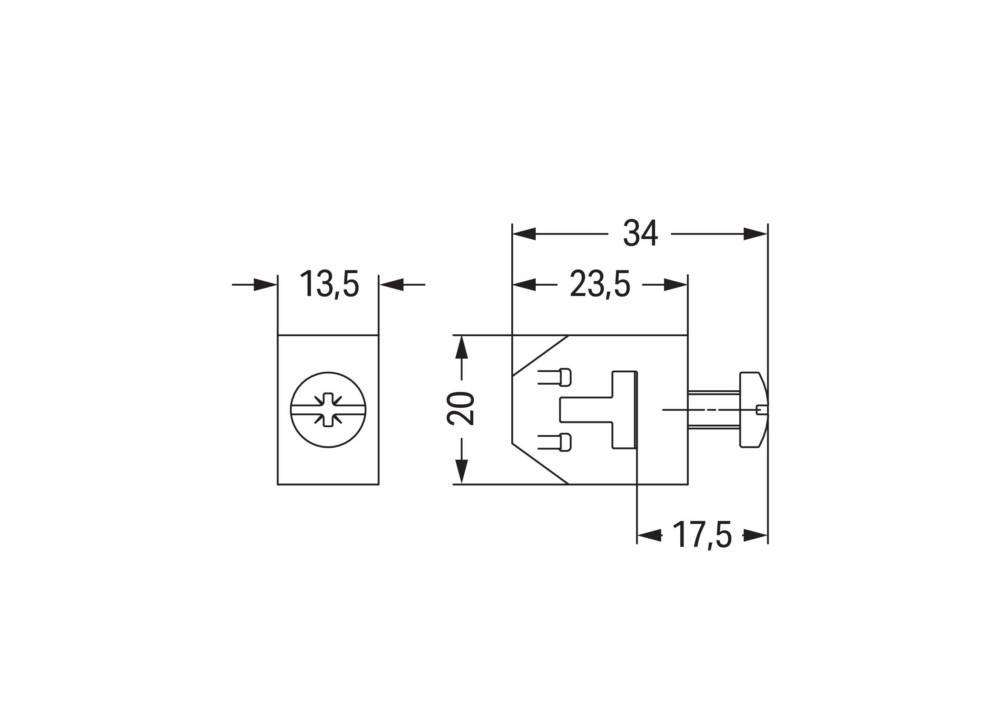 Technische Zeichnung eines Steckers und einer Steckdose. Abmessungen sind beschriftet: Breite 13,5 mm, Tiefe 17,5 mm, Höhe 20 mm. Gesamtlänge beträgt 34 mm.