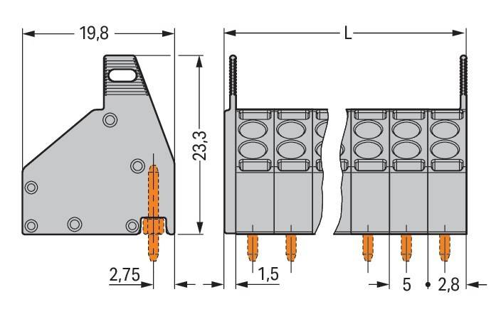 Technische Zeichnung eines Steckverbinders mit Abmessungen: 9,8 mm Breite, 23,3 mm Höhe und 2,75 mm, 1,5 mm Abstand. Beinhaltet Seiten- und Draufsicht.