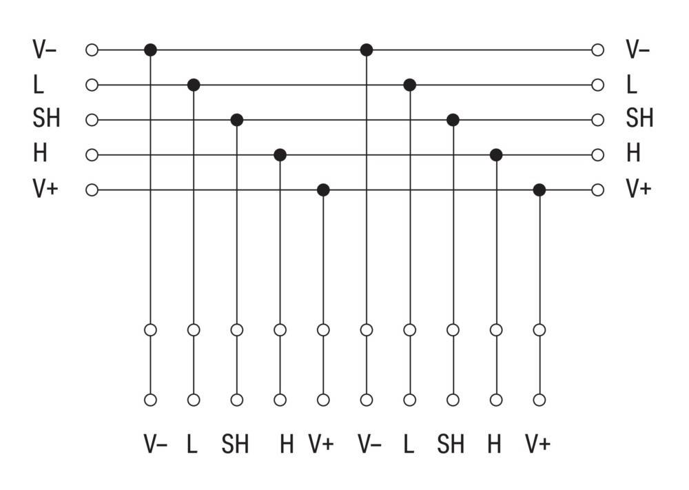 Elektrisches Schaltkreisdiagramm mit vertikalen Linien, beschriftet mit V-, L, SH, H, V+, die sich wiederholen. Die Linien sind durch horizontale Linien miteinander verbunden.