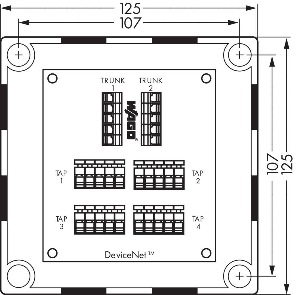 Diagramm eines quadratischen elektronischen Geräts mit Abmessungen von 125 x 107, beschriftet mit 'DeviceNet'. Es zeigt Trunk- und Tap-Verbindungen, nummeriert von 1 bis 4.