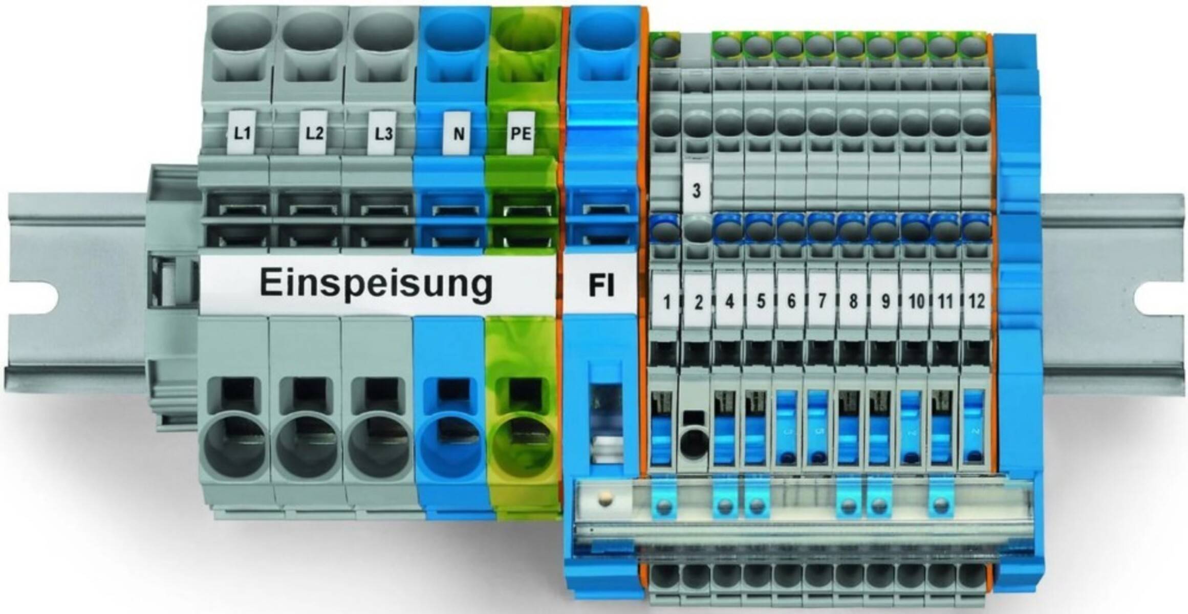 Elektrische Anschlussklemme mit der Bezeichnung 'Einspeisung' und nummerierten Anschlüssen von 1 bis 9 zur Verdrahtungsorganisation und Schaltungssteuerung.