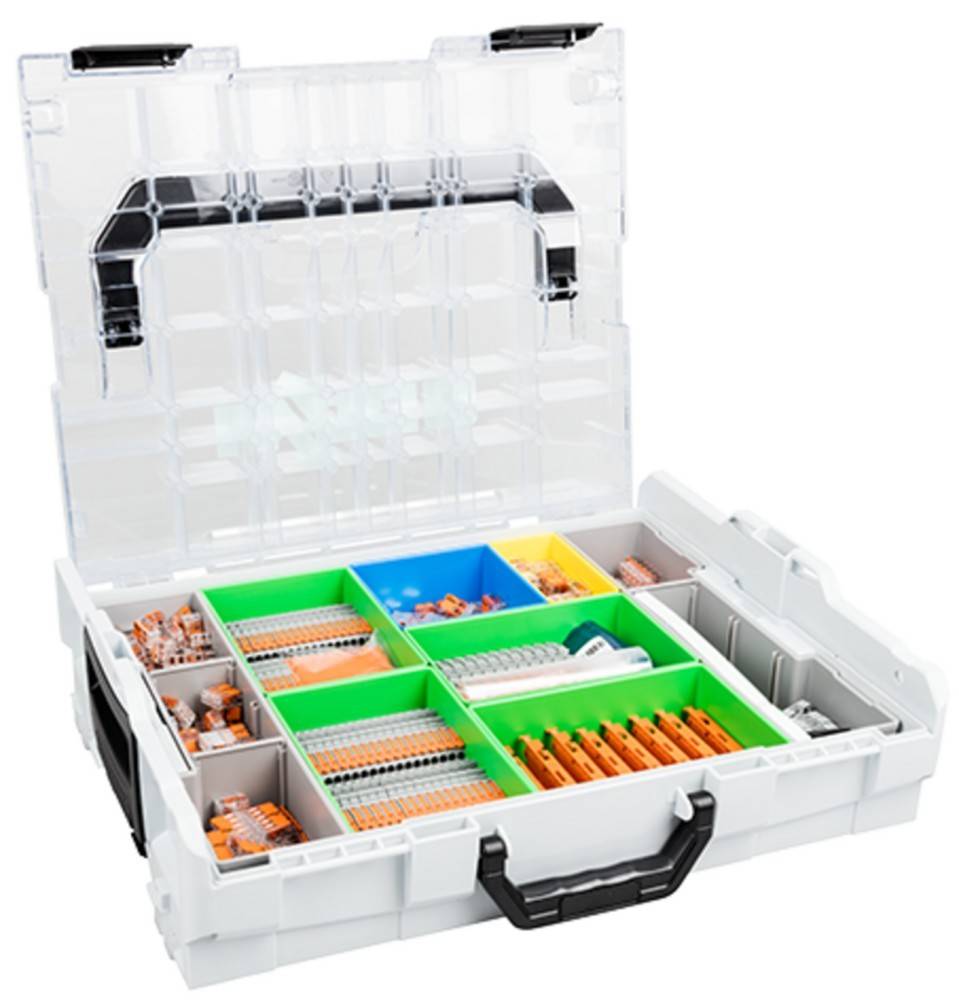 Plastik-Aufbewahrungsbox mit transparentem Deckel, geöffnet und präsentiert verschiedene Fächer, gefüllt mit elektrischen Anschlüssen und Komponenten.