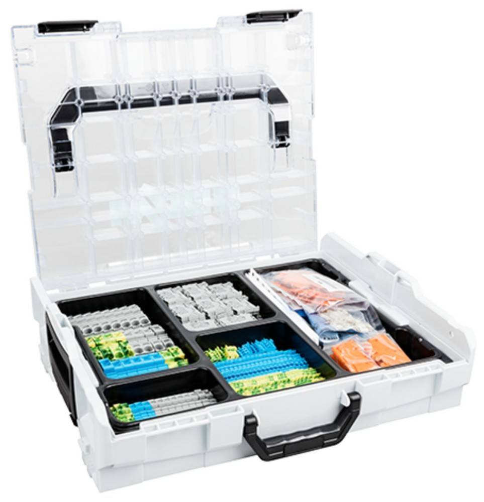 Eine Kunststoff-Aufbewahrungsbox mit einem transparenten Deckel enthält verschiedene bunte elektrische Anschlüsse, die in separaten Fächern organisiert sind.